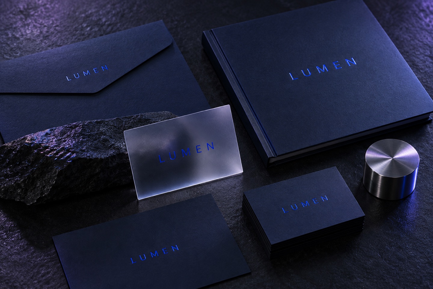 Illustrative Lumen stationery and brand identity